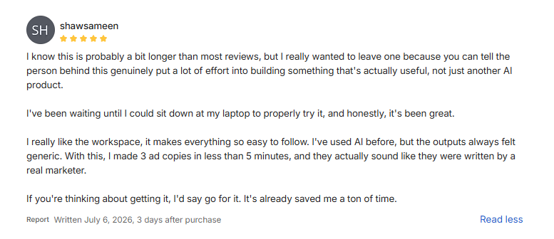 5-star Whop review from shawsameen: praises the workspace, made 3 ad copies in under 5 minutes that sound like a real marketer wrote them.