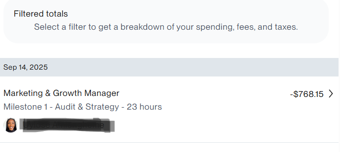 Upwork invoice — Marketing & Growth Manager, $768.15