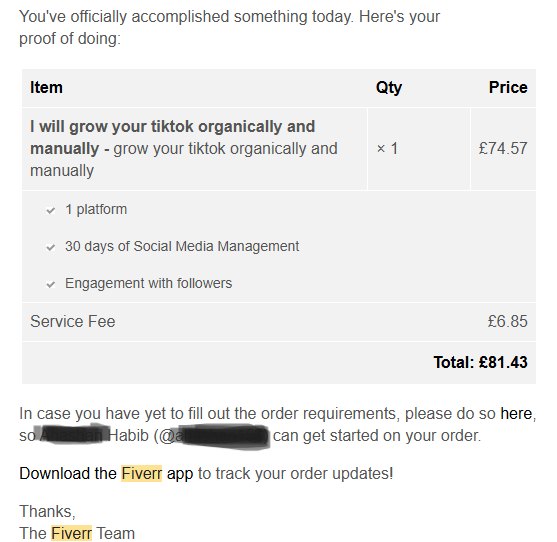 Fiverr receipt — TikTok organic growth, £81.43