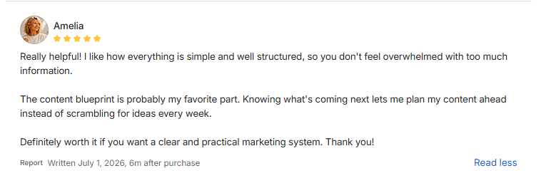 5-star Whop review from Amelia: simple, well structured, loves the content blueprint for planning content ahead.