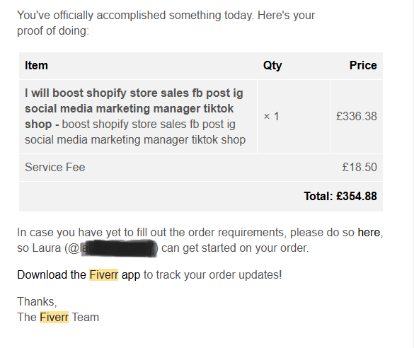 Fiverr receipt — Shopify & social media marketing, £354.88