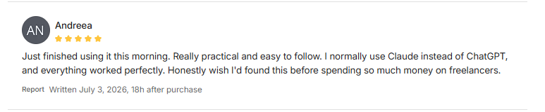 5-star Whop review from Andreea: really practical and easy to follow, worked perfectly with Claude, wishes she'd found it before spending money on freelancers.